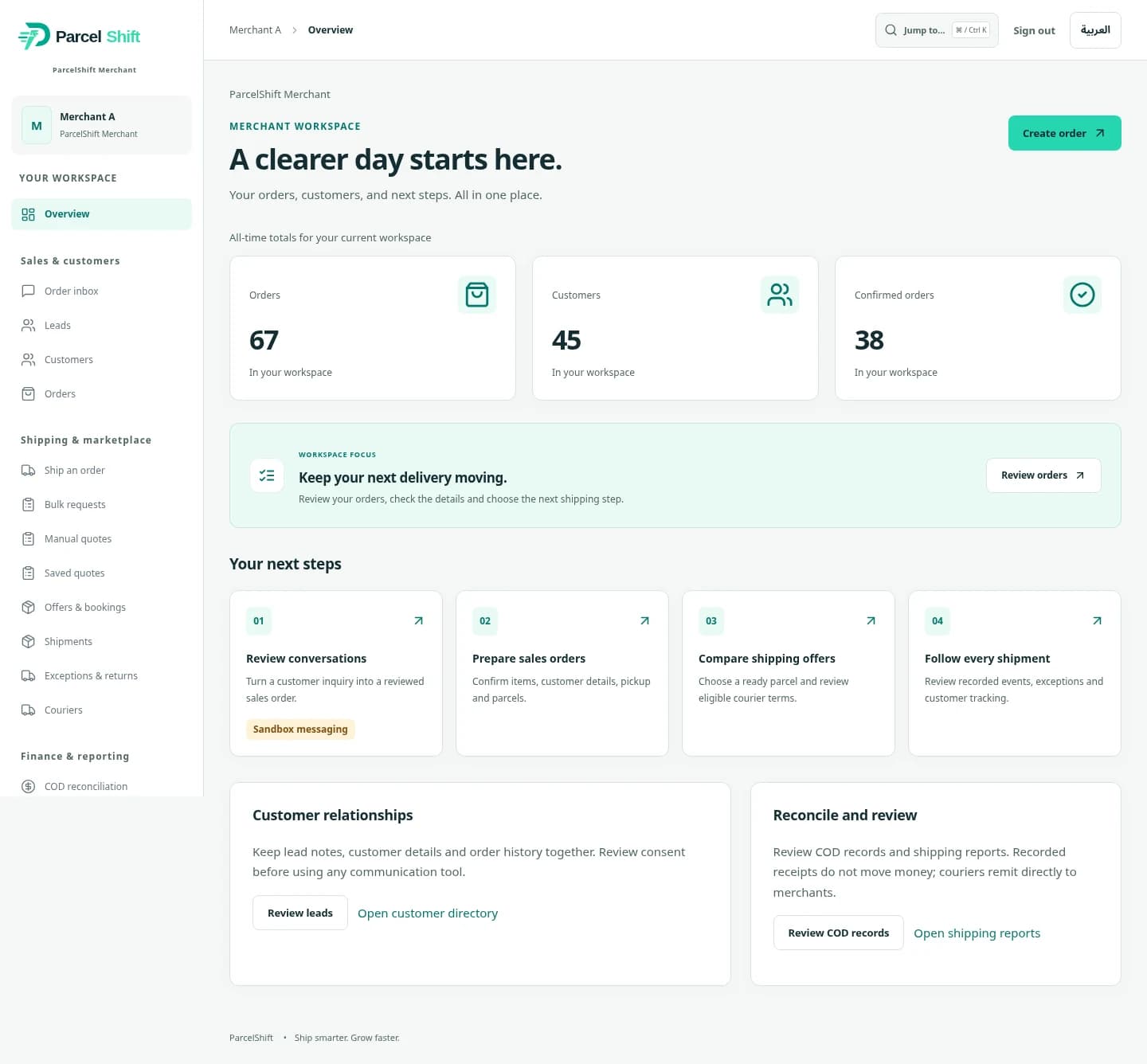 Actual ParcelShift workspace, English interface with synthetic test records.